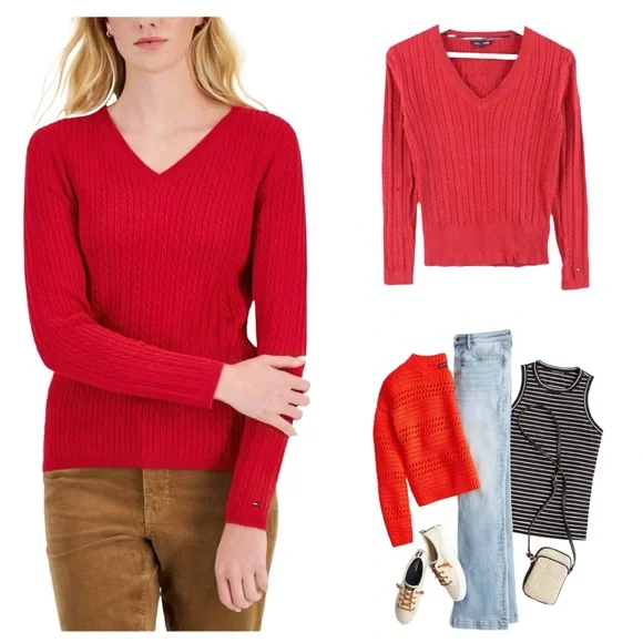 Tommy Hilfiger | Cotton Cable Ivy V-Neck Long Sleeve Knit Sweater Scarlet (M) - Picture 1 of 11